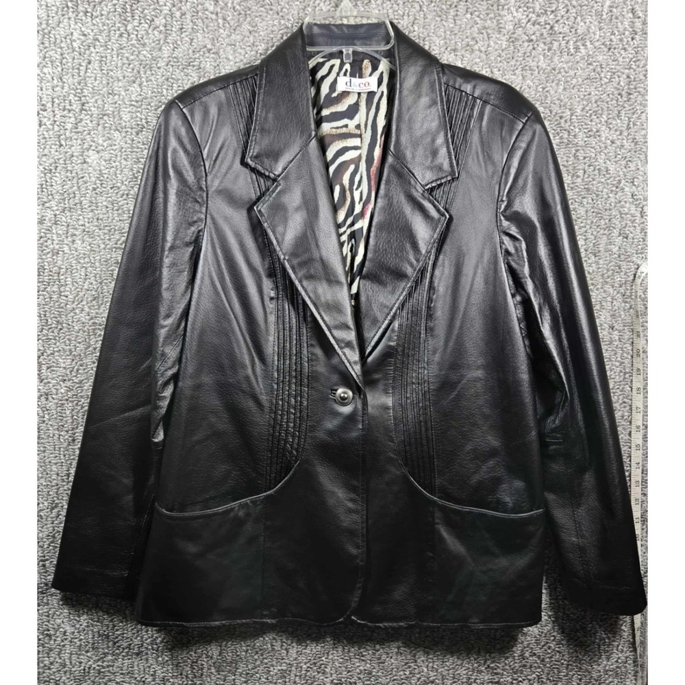 Denim & Company Black Genuine Leather Blazer Jacket Zebra Print Lining‎